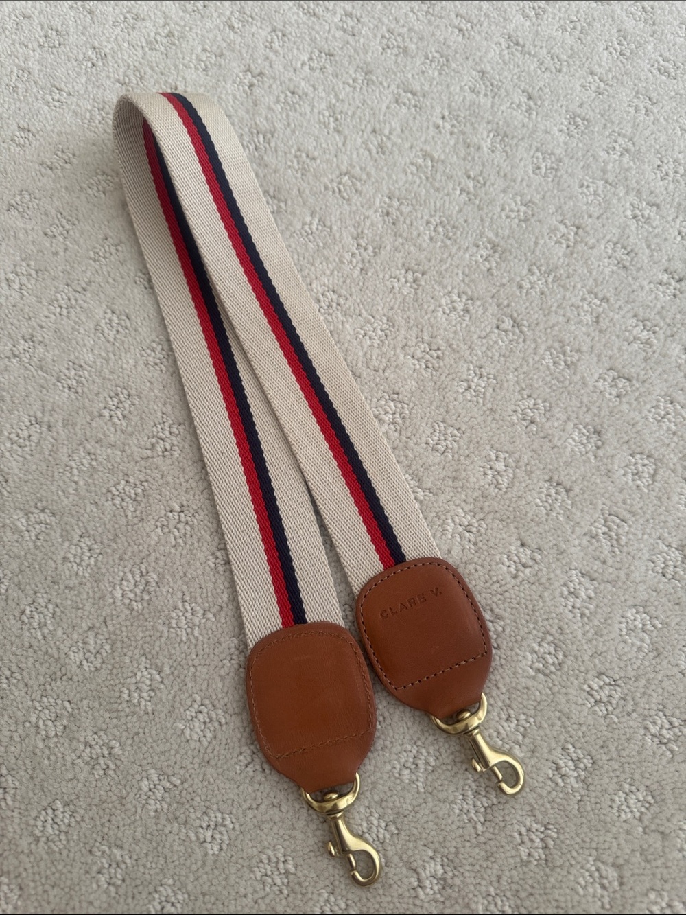 Clare V Beige Canvas Strap with Red & Navy Stripes and Tan Leather Ends